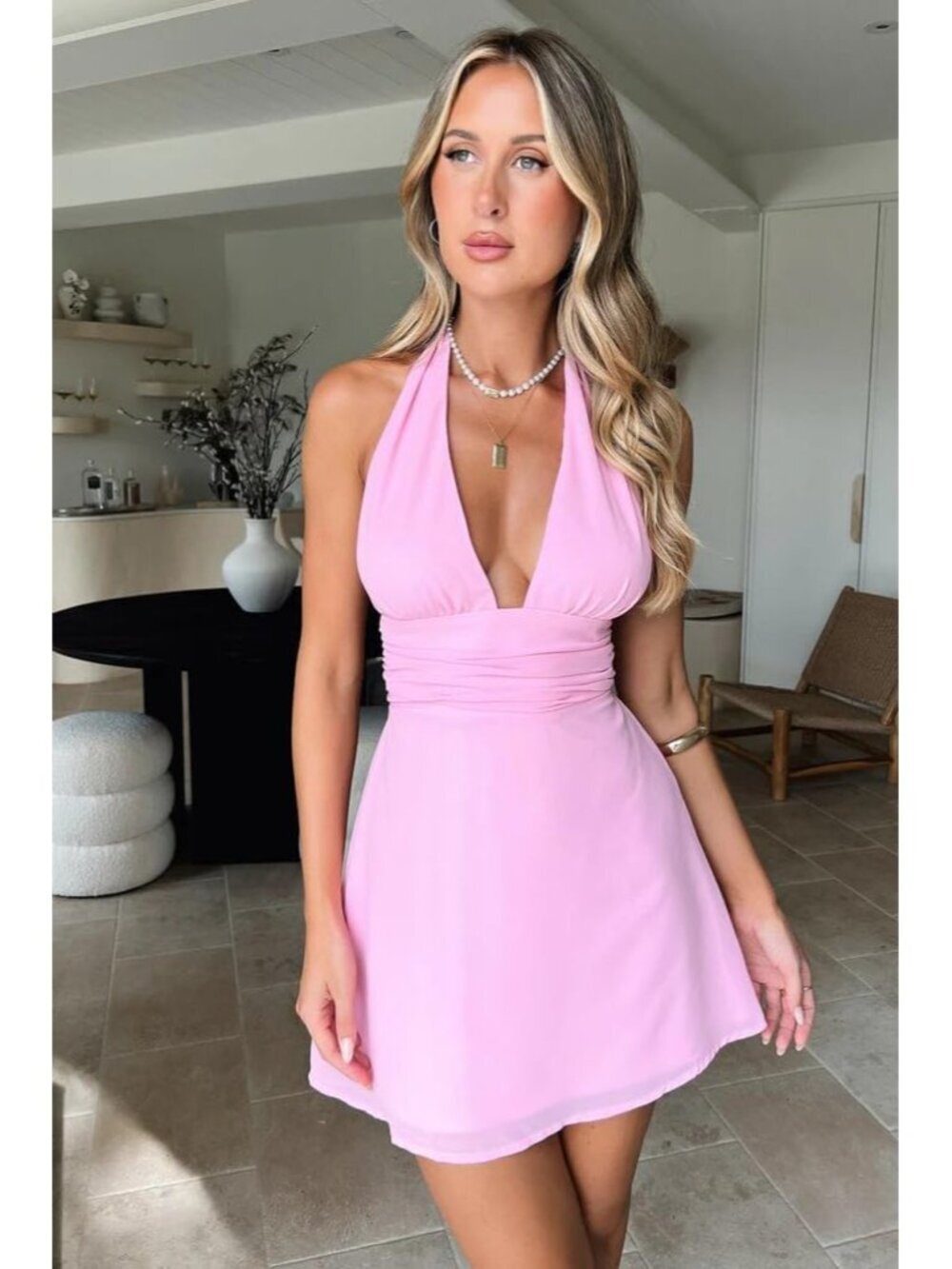 〽️Women's Pink Halter Deep V Neck Flowy Chiffon Bow Tie Backless Mini Dress